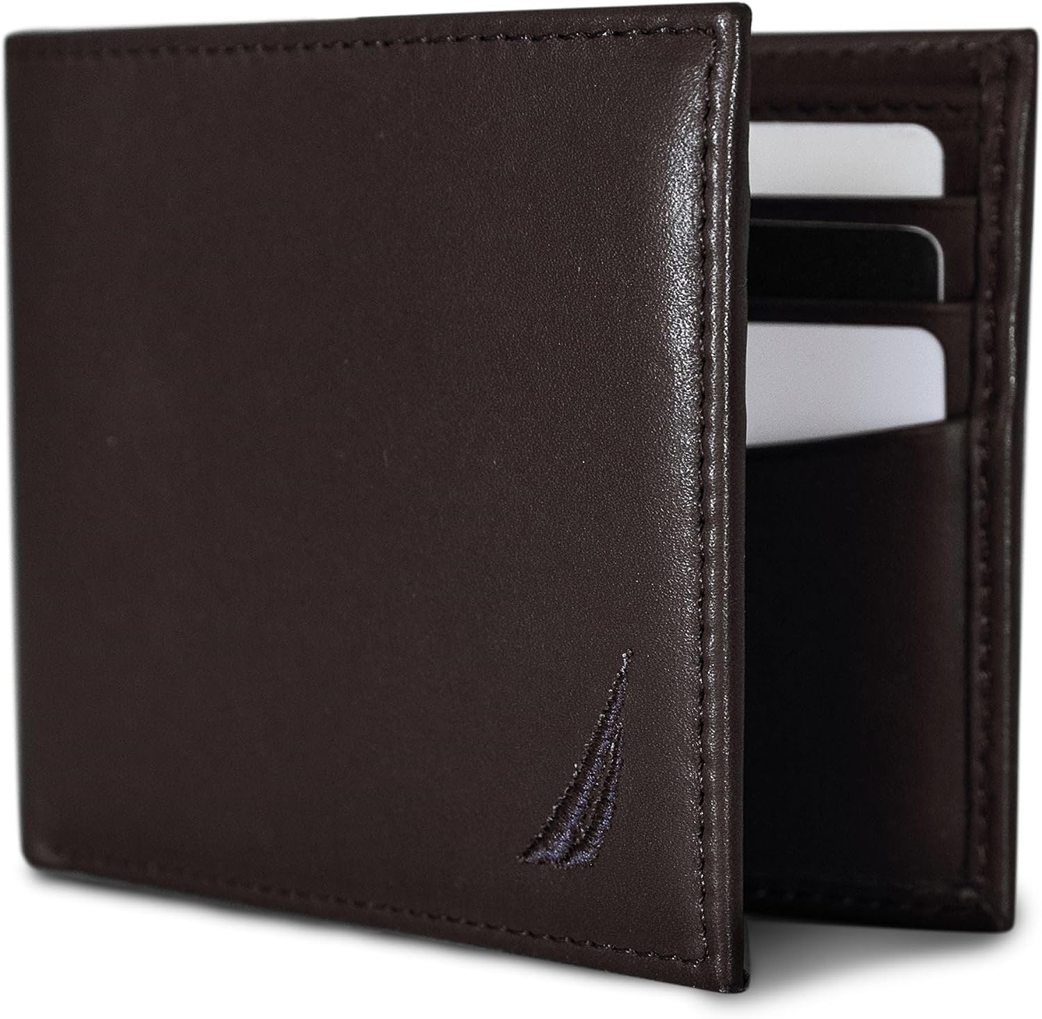 image:imageNautica Mens Bifold Leather Wallet RFID Blocking ID Window Card Slots Organization Durable Stylishmbroidered Sail Brown