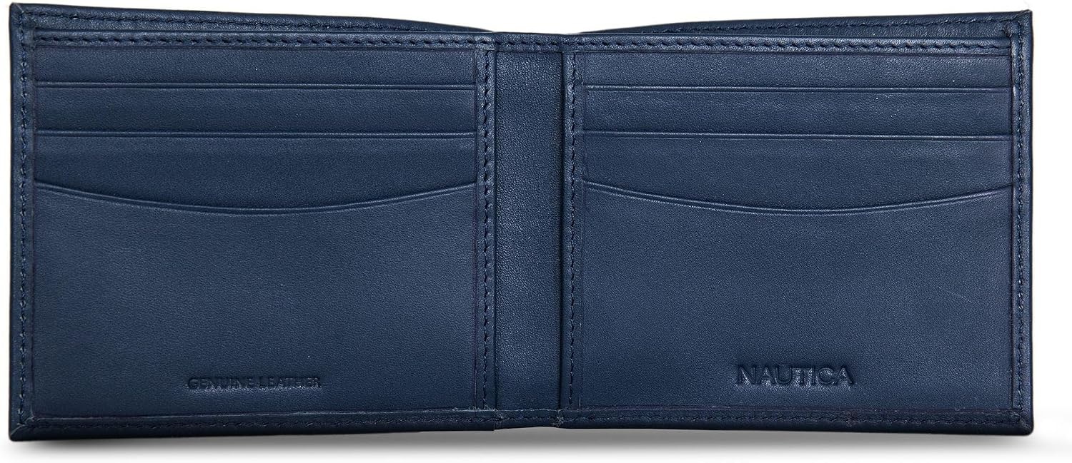 image:imageNautica Mens Bifold Leather Wallet RFID Blocking ID Window Card Slots Organization Durable Stylishmbroidered Sail Navy