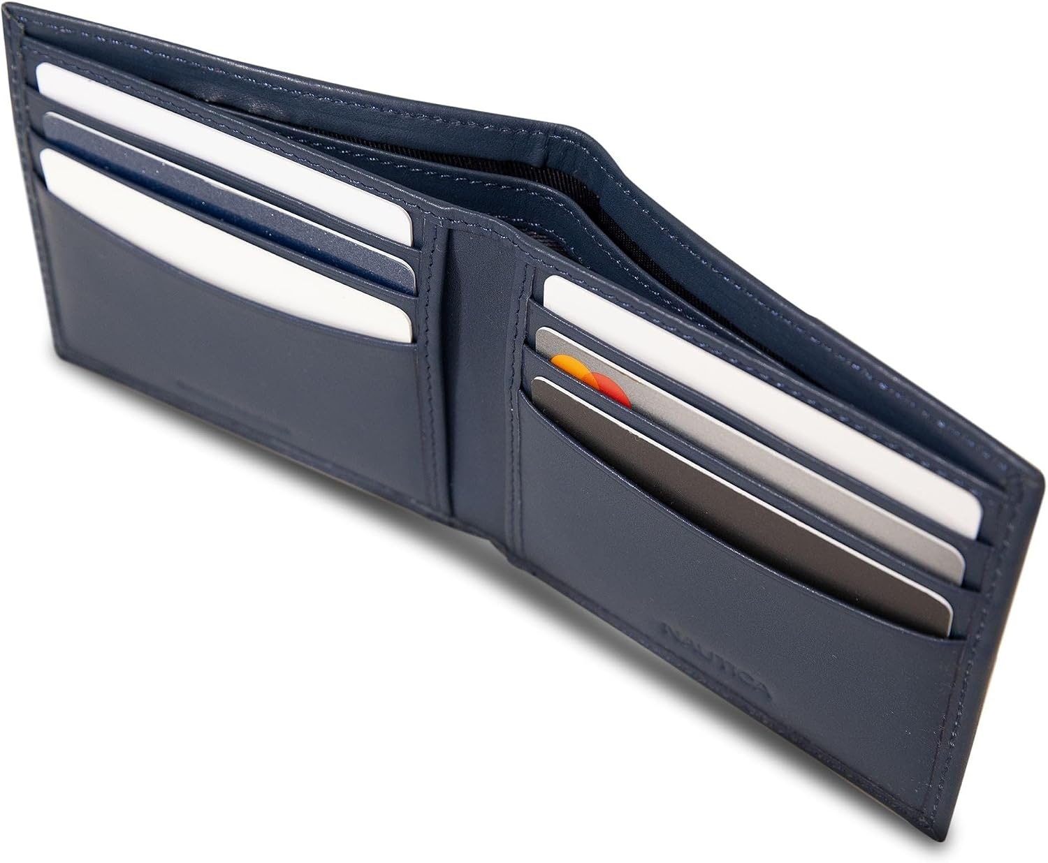 image:imageNautica Mens Bifold Leather Wallet RFID Blocking ID Window Card Slots Organization Durable Stylishmbroidered Sail Navy