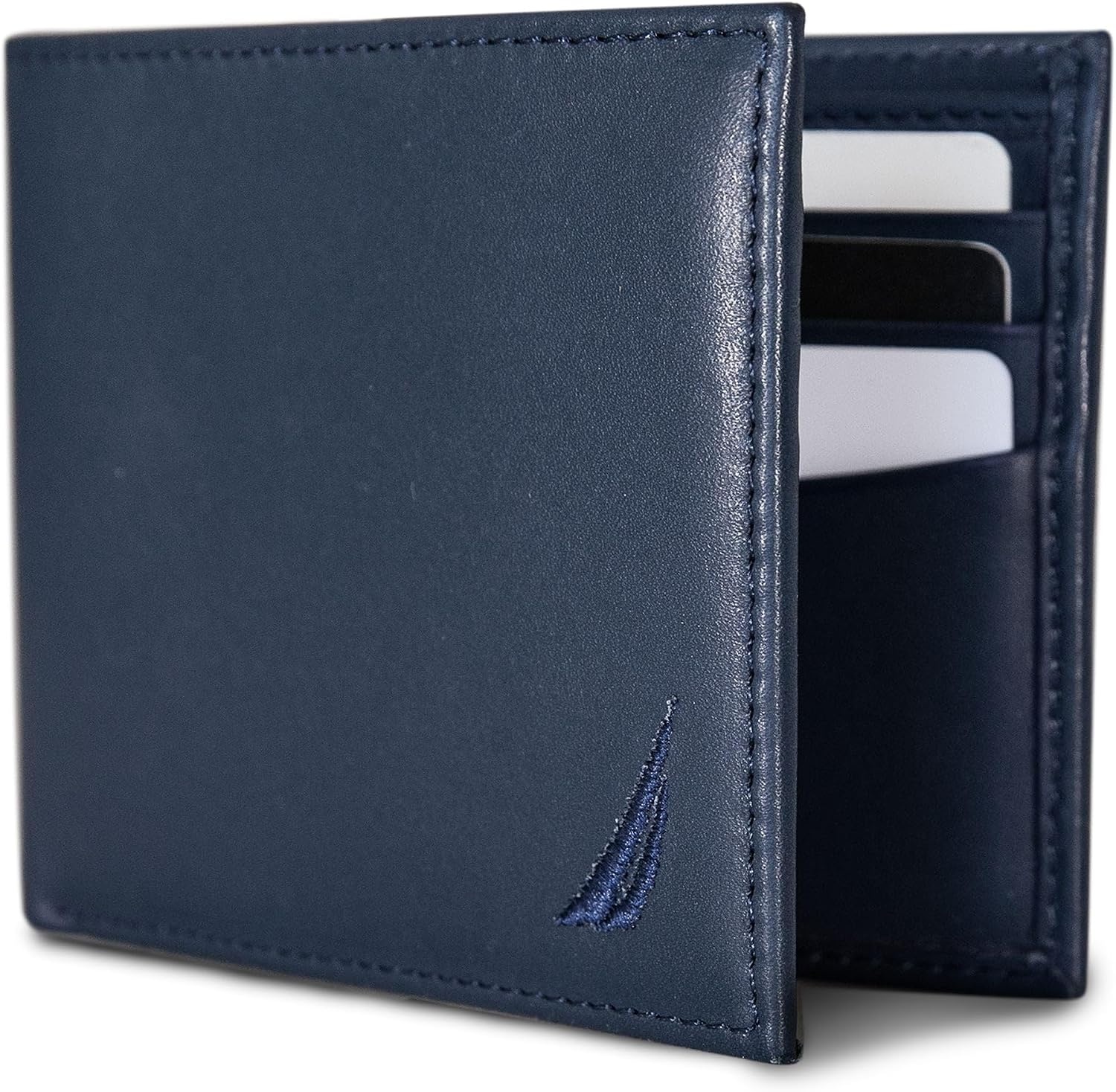 image:imageNautica Mens Bifold Leather Wallet RFID Blocking ID Window Card Slots Organization Durable Stylishmbroidered Sail Navy