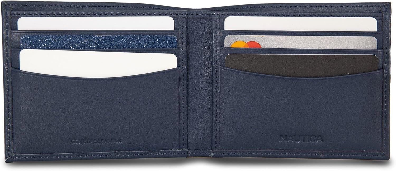 image:imageNautica Mens Bifold Leather Wallet RFID Blocking ID Window Card Slots Organization Durable Stylishmbroidered Sail Navy