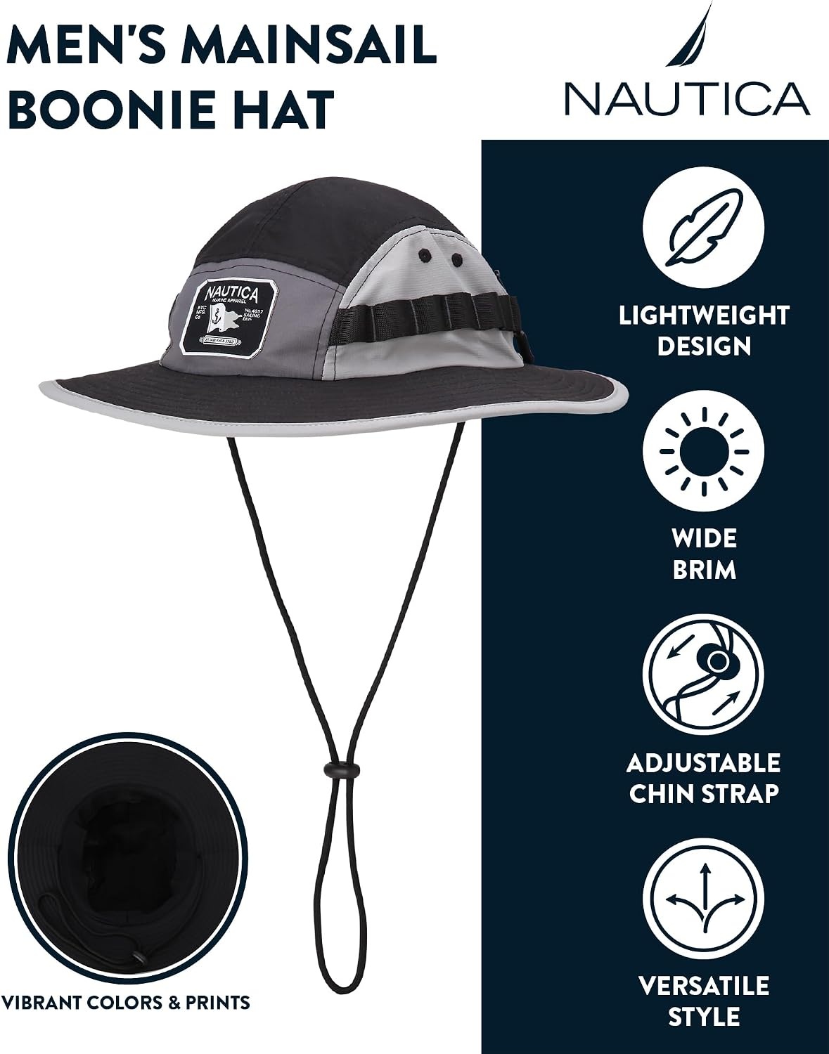 image:imageNautica Mens Boonie Hat Lightweight UV Protection Wide Brim Mainsail Safari Fishing Hat for Men with Adjustable StrapBlack
