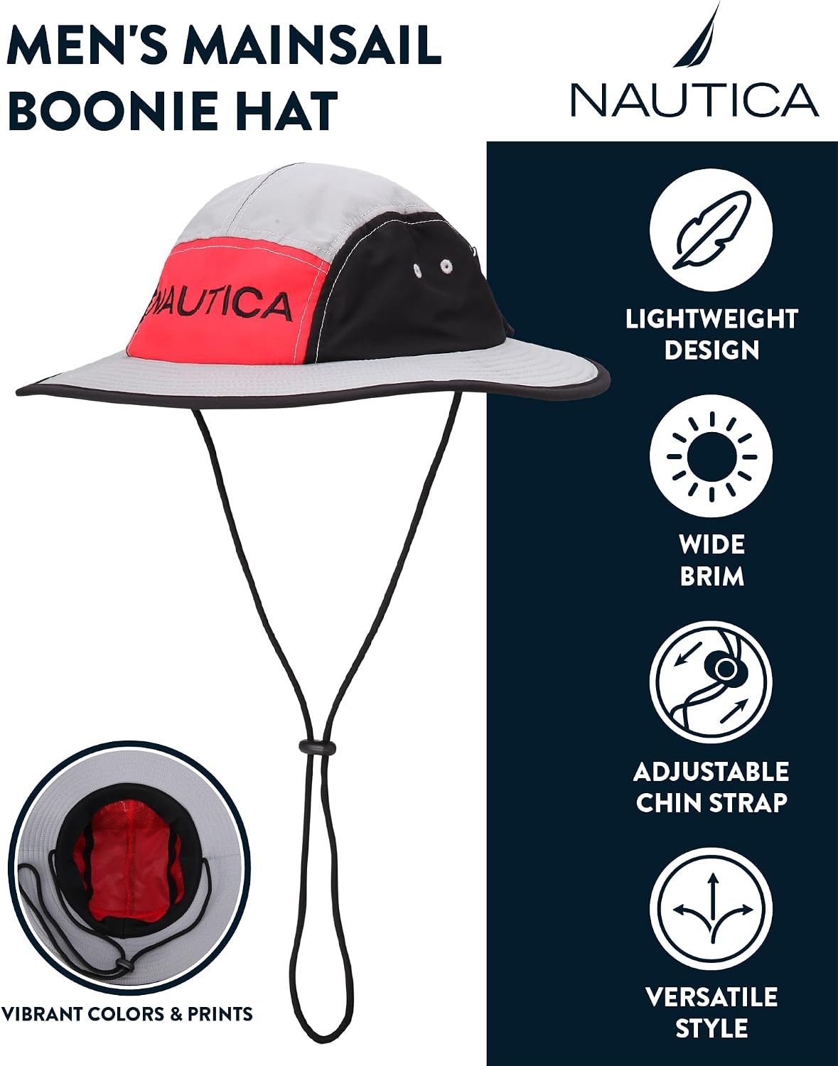 image:imageNautica Mens Boonie Hat Lightweight UV Protection Wide Brim Mainsail Safari Fishing Hat for Men with Adjustable StrapGrey