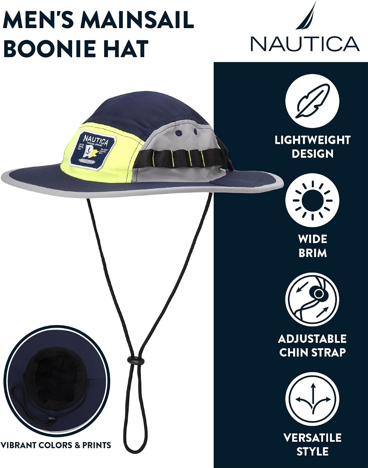 image:imageNautica Mens Boonie Hat Lightweight UV Protection Wide Brim Mainsail Safari Fishing Hat for Men with Adjustable StrapNavy
