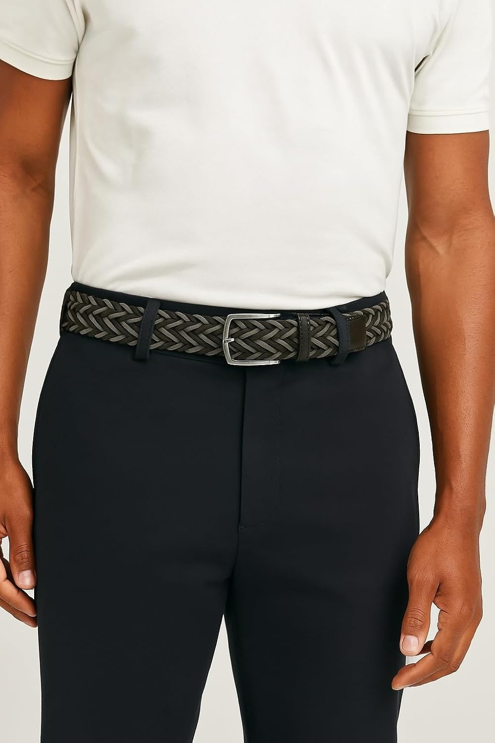 image:imageNautica Mens Casual Leather Belt Everyday Classic Pants Jeans Khakis Chinos Metal BuckleBraided Two Tone BlackGrey