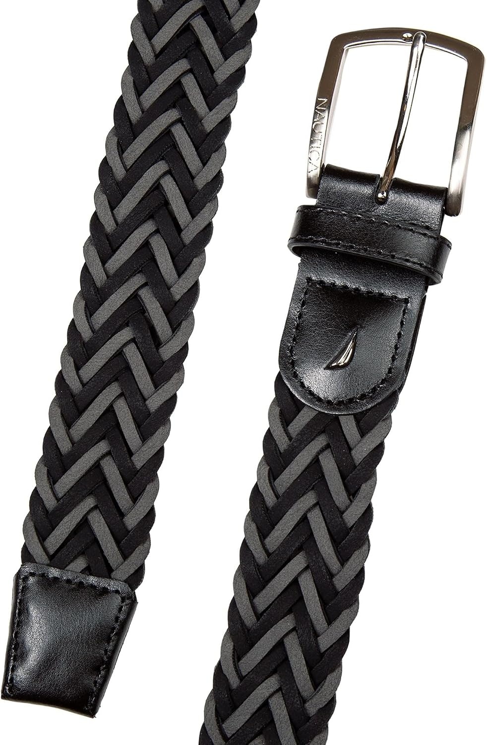 image:imageNautica Mens Casual Leather Belt Everyday Classic Pants Jeans Khakis Chinos Metal BuckleBraided Two Tone BlackGrey