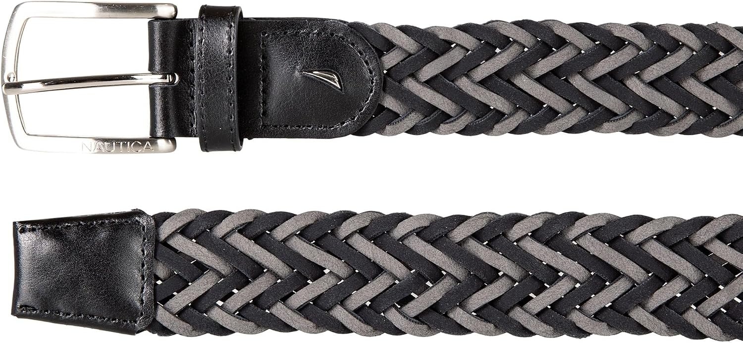 image:imageNautica Mens Casual Leather Belt Everyday Classic Pants Jeans Khakis Chinos Metal BuckleBraided Two Tone BlackGrey