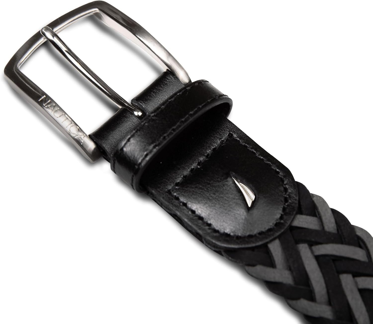 image:imageNautica Mens Casual Leather Belt Everyday Classic Pants Jeans Khakis Chinos Metal BuckleBraided Two Tone BlackGrey