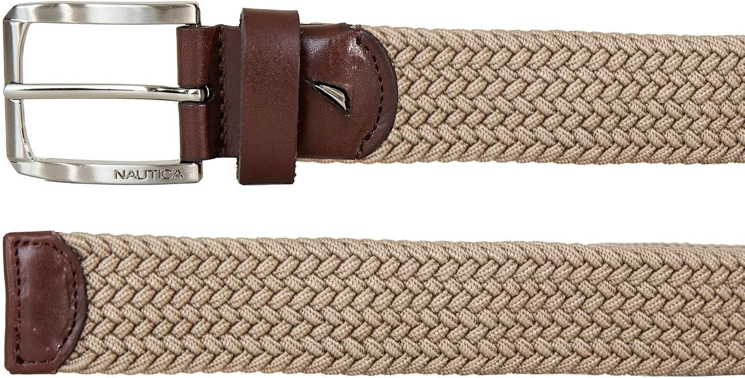 image:imageNautica Mens Casual Leather Belt Everyday Classic Pants Jeans Khakis Chinos Metal BuckleBraided Webbing Khaki