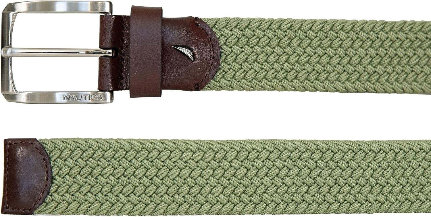 image:imageNautica Mens Casual Leather Belt Everyday Classic Pants Jeans Khakis Chinos Metal BuckleBraided Webbing Moss