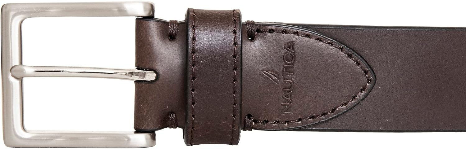 image:imageNautica Mens Casual Leather Belt Everyday Classic Pants Jeans Khakis Chinos Metal BuckleDebossed Logo Brown