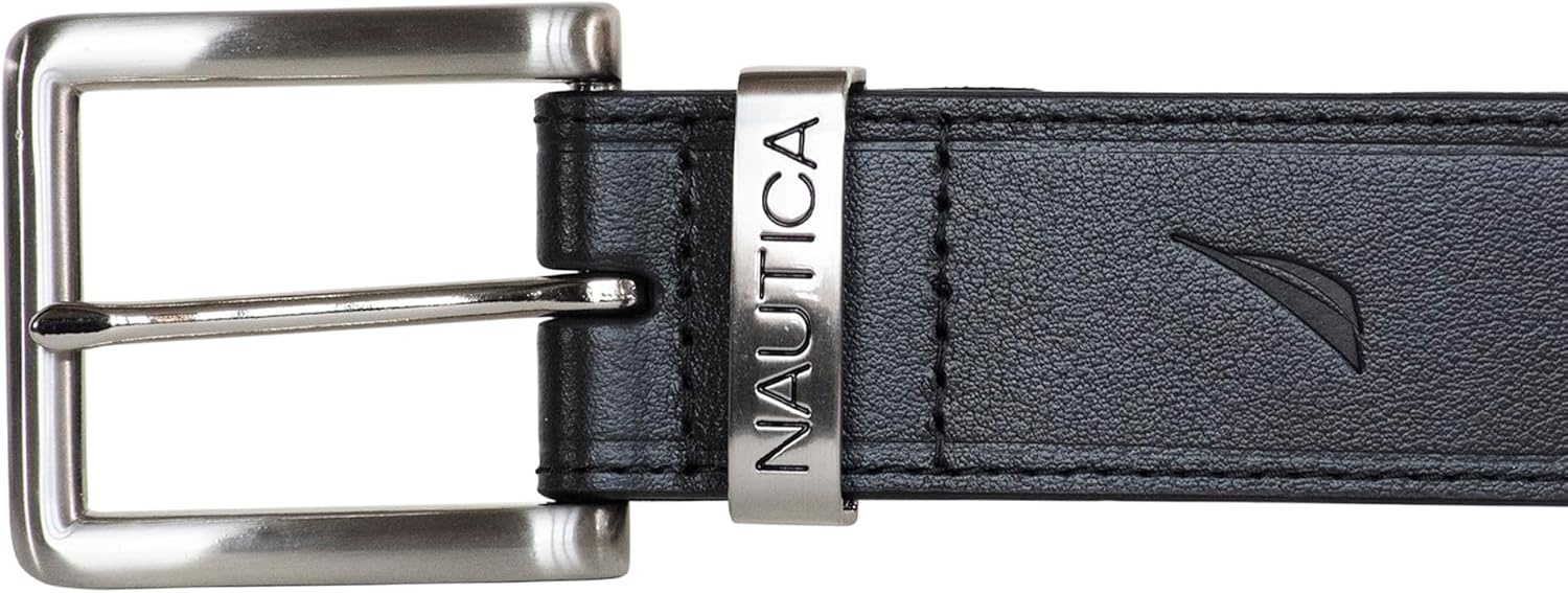 image:imageNautica Mens Casual Leather Belt Everyday Classic Pants Jeans Khakis Chinos Metal BuckleEngraved Keeper Black