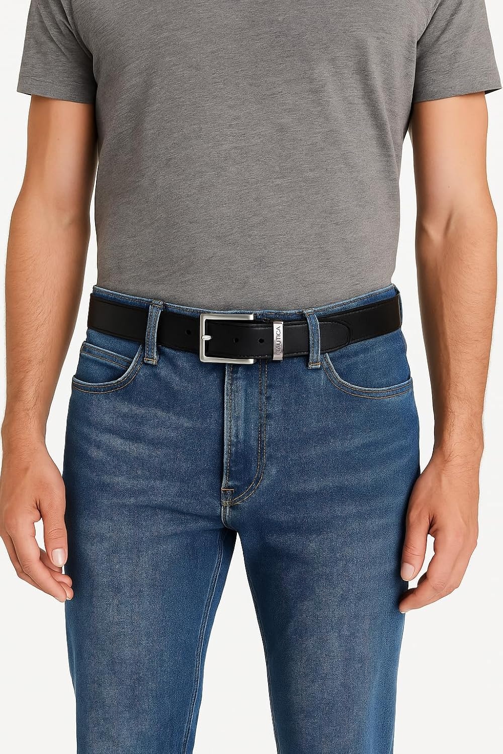 image:imageNautica Mens Casual Leather Belt Everyday Classic Pants Jeans Khakis Chinos Metal BuckleEngraved Keeper Black
