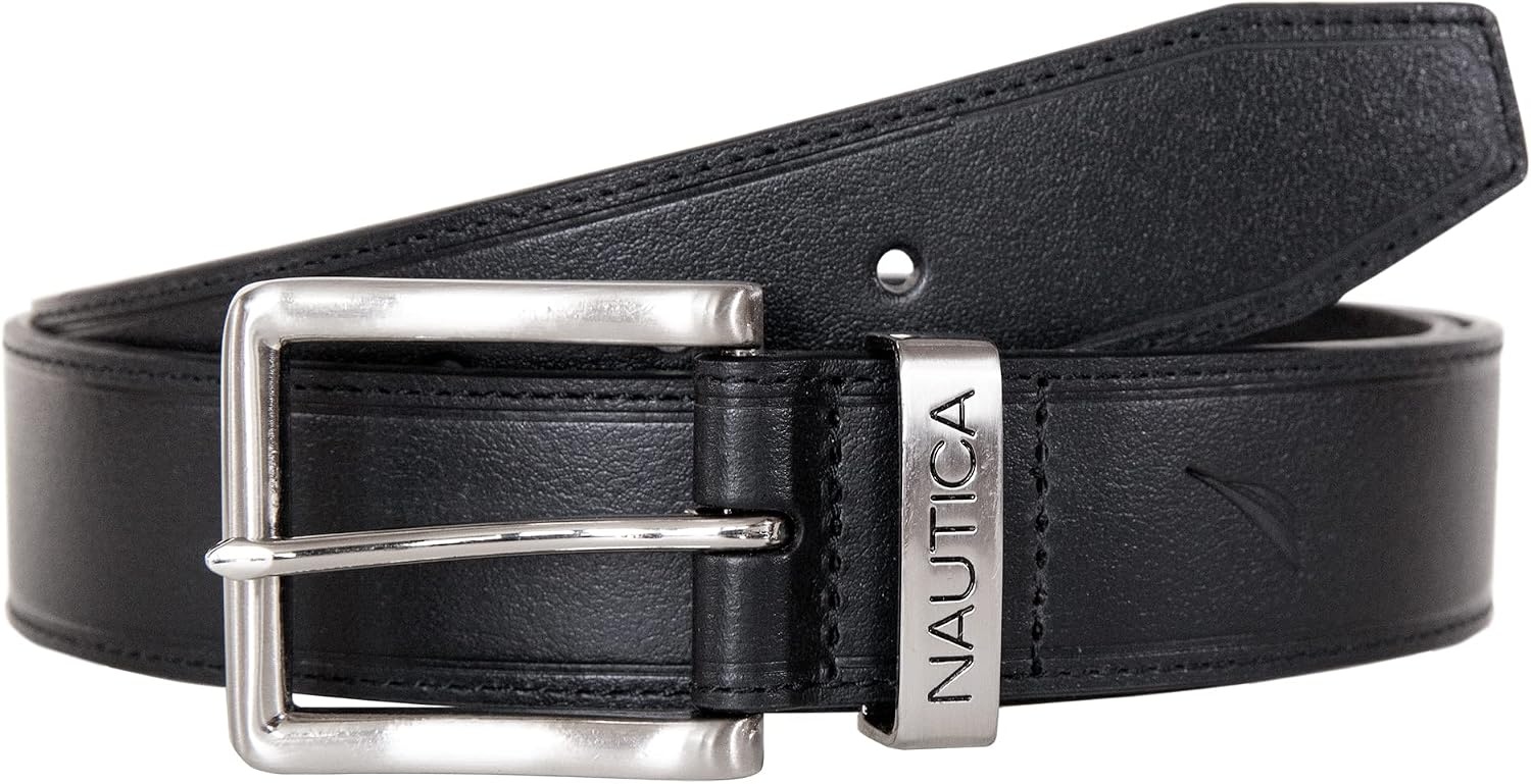 image:imageNautica Mens Casual Leather Belt Everyday Classic Pants Jeans Khakis Chinos Metal BuckleEngraved Keeper Black