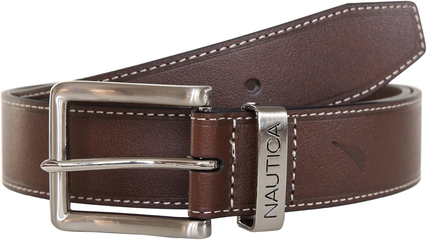 image:imageNautica Mens Casual Leather Belt Everyday Classic Pants Jeans Khakis Chinos Metal BuckleEngraved Keeper Brown
