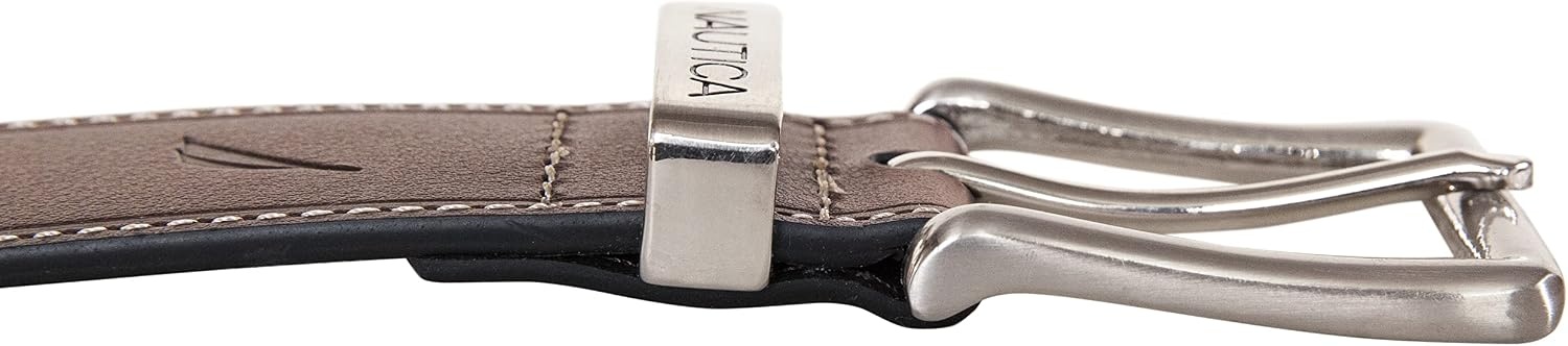 image:imageNautica Mens Casual Leather Belt Everyday Classic Pants Jeans Khakis Chinos Metal BuckleEngraved Keeper Brown