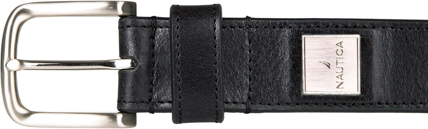 image:imageNautica Mens Casual Leather Belt Everyday Classic Pants Jeans Khakis Chinos Metal BuckleEngraved Logo Black