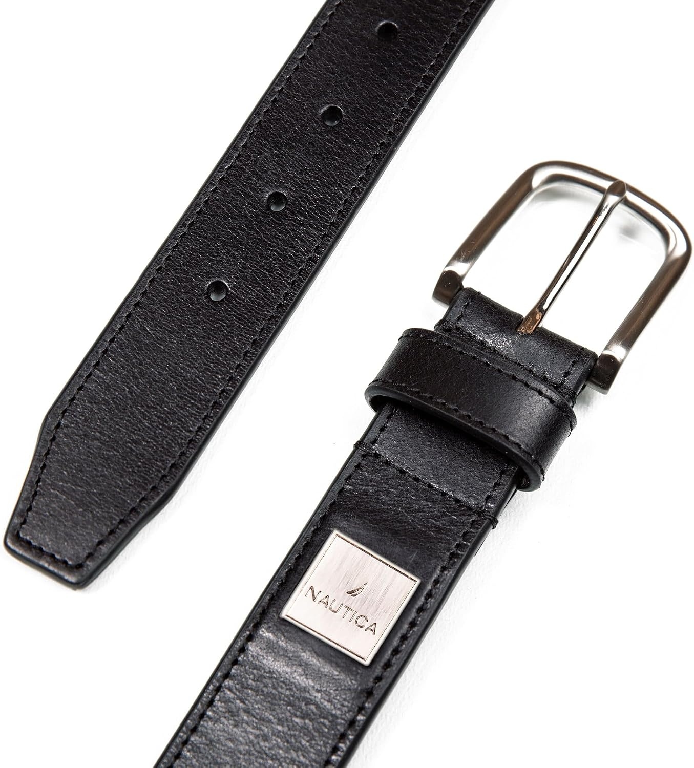 image:imageNautica Mens Casual Leather Belt Everyday Classic Pants Jeans Khakis Chinos Metal BuckleEngraved Logo Black