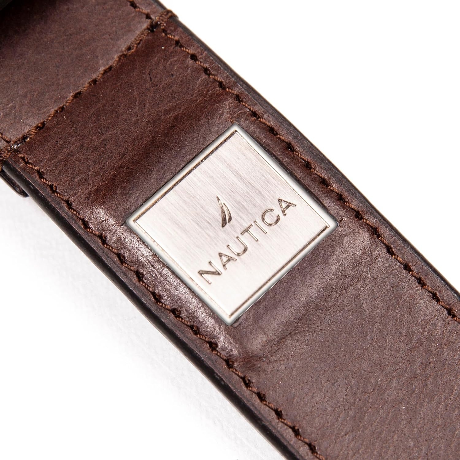 image:imageNautica Mens Casual Leather Belt Everyday Classic Pants Jeans Khakis Chinos Metal BuckleEngraved Logo Brown