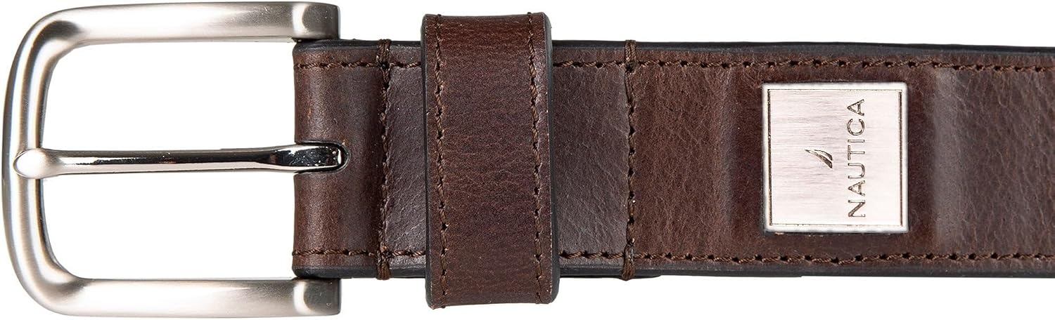 image:imageNautica Mens Casual Leather Belt Everyday Classic Pants Jeans Khakis Chinos Metal BuckleEngraved Logo Brown