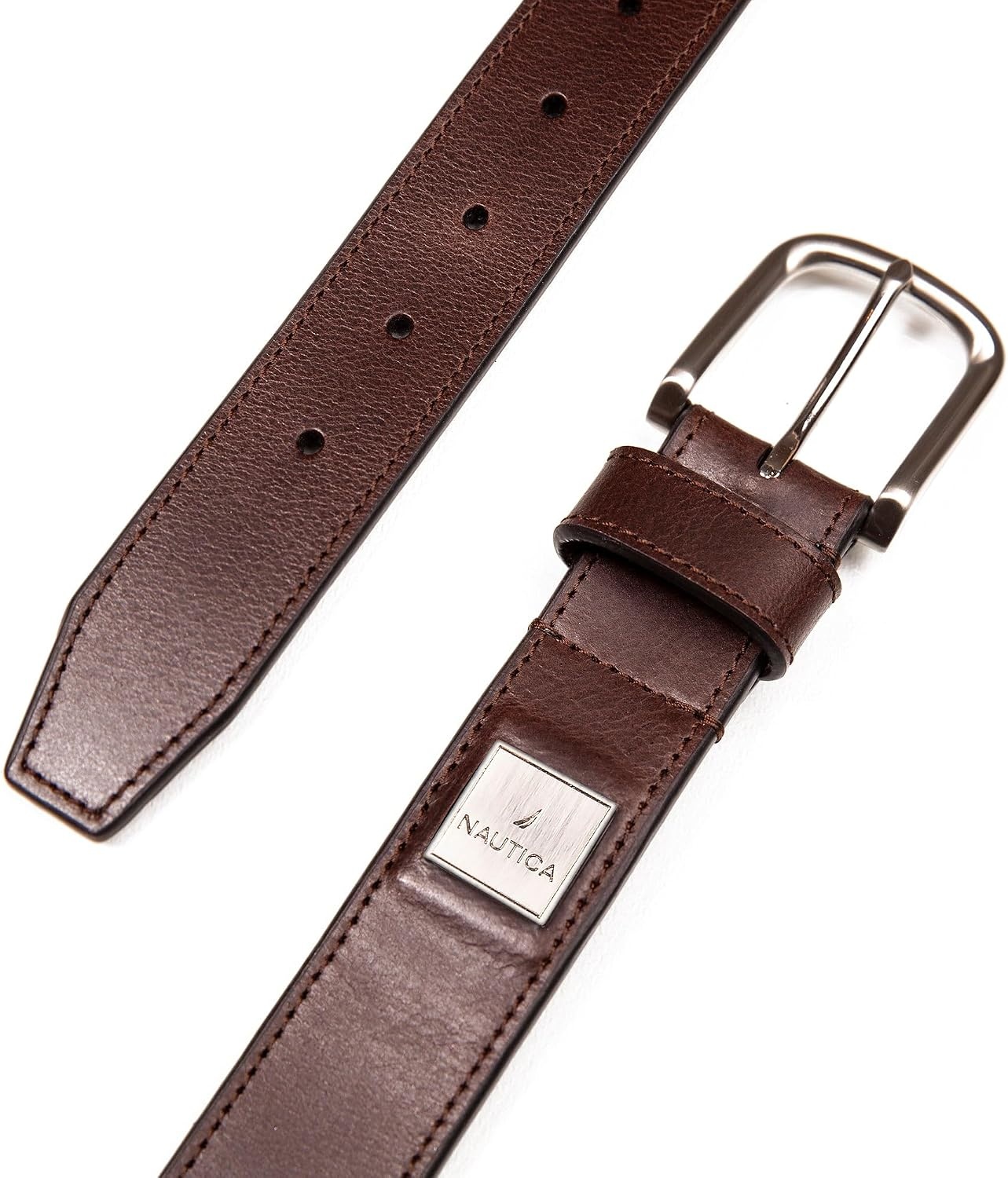 image:imageNautica Mens Casual Leather Belt Everyday Classic Pants Jeans Khakis Chinos Metal BuckleEngraved Logo Brown
