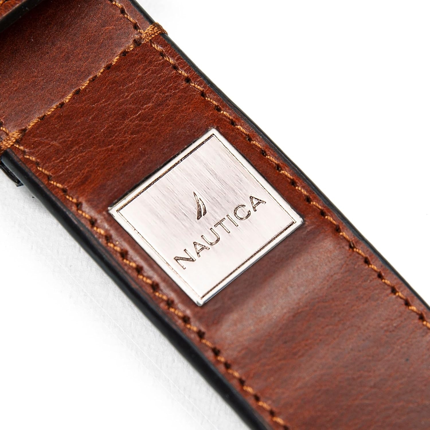 image:imageNautica Mens Casual Leather Belt Everyday Classic Pants Jeans Khakis Chinos Metal BuckleEngraved Logo Tan