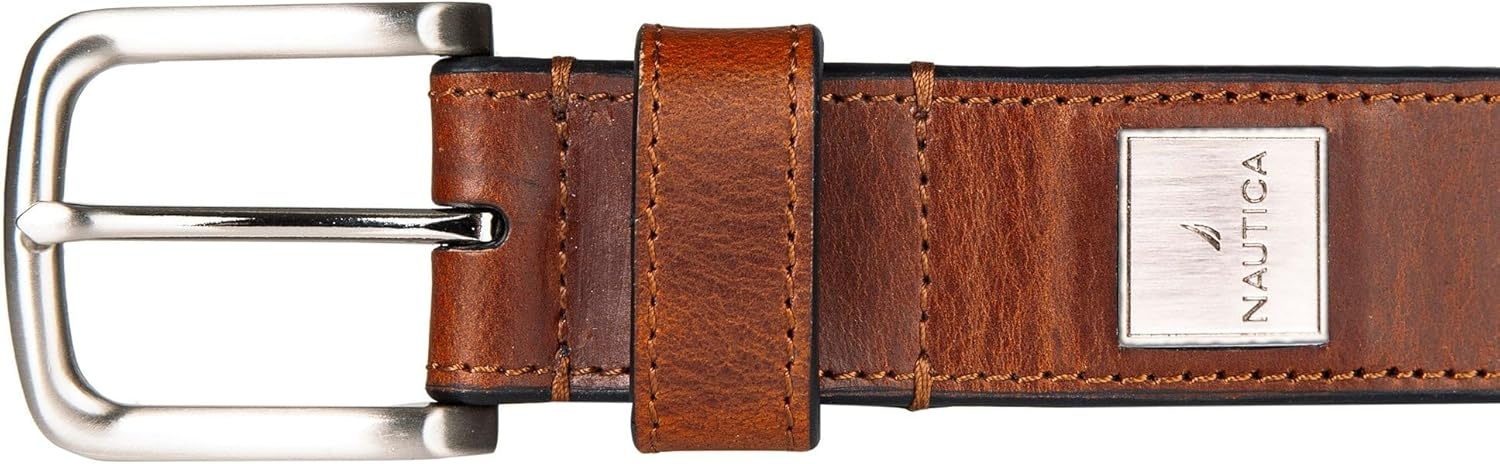 image:imageNautica Mens Casual Leather Belt Everyday Classic Pants Jeans Khakis Chinos Metal BuckleEngraved Logo Tan