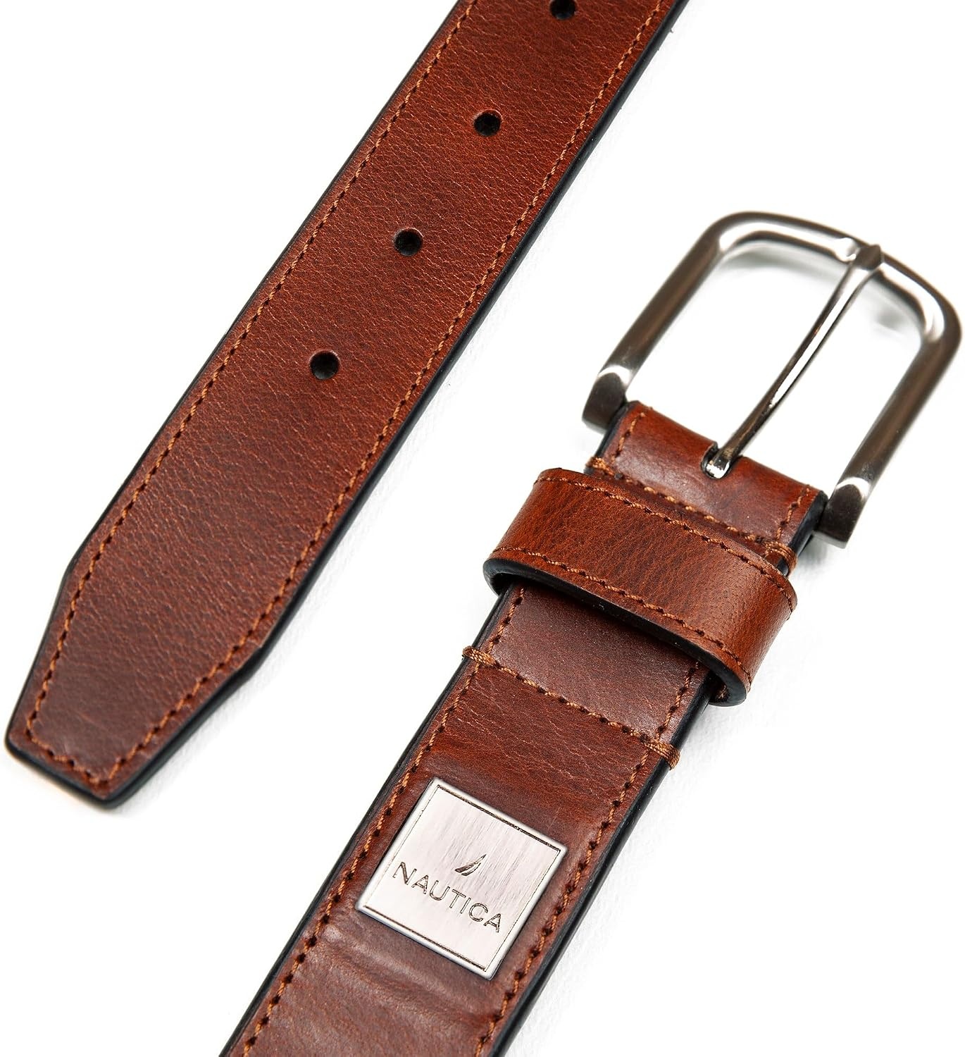 image:imageNautica Mens Casual Leather Belt Everyday Classic Pants Jeans Khakis Chinos Metal BuckleEngraved Logo Tan