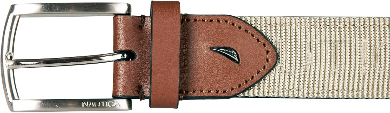 image:imageNautica Mens Casual Leather Belt Everyday Classic Pants Jeans Khakis Chinos Metal BuckleWebbing Logo Khaki