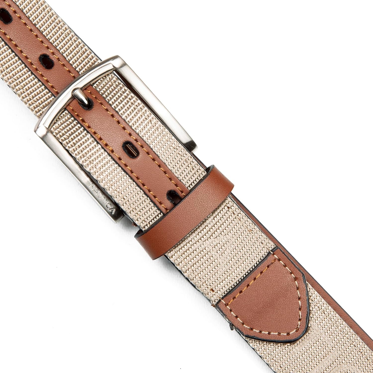 image:imageNautica Mens Casual Leather Belt Everyday Classic Pants Jeans Khakis Chinos Metal BuckleWebbing Logo Khaki