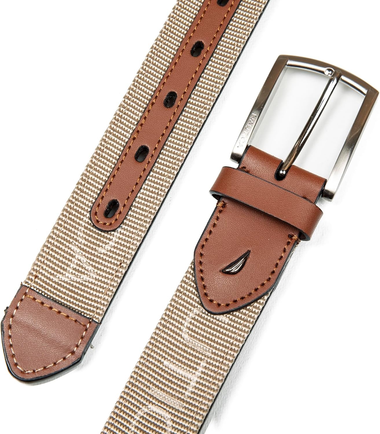image:imageNautica Mens Casual Leather Belt Everyday Classic Pants Jeans Khakis Chinos Metal BuckleWebbing Logo Khaki