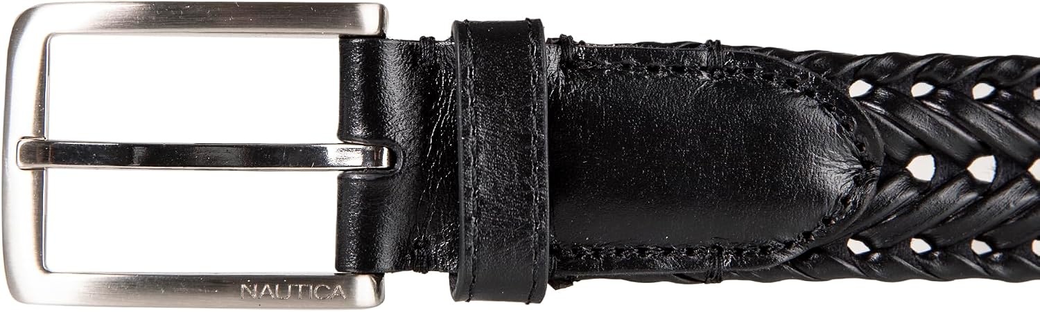 image:imageNautica Mens Casual Leather Belt Everyday Classic Pants Jeans Khakis Chinos Metal BuckleWoven Detail Black