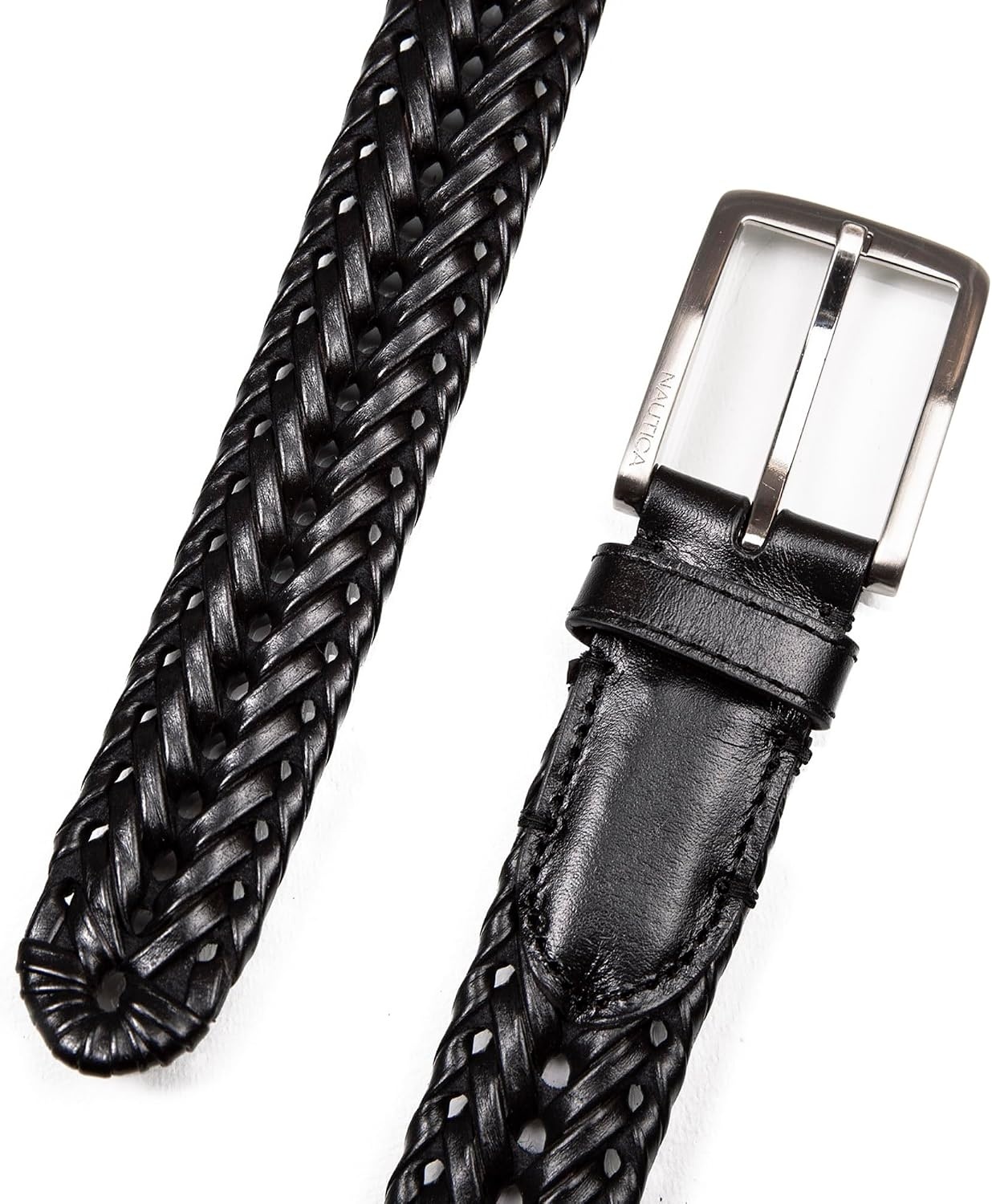 image:imageNautica Mens Casual Leather Belt Everyday Classic Pants Jeans Khakis Chinos Metal BuckleWoven Detail Black