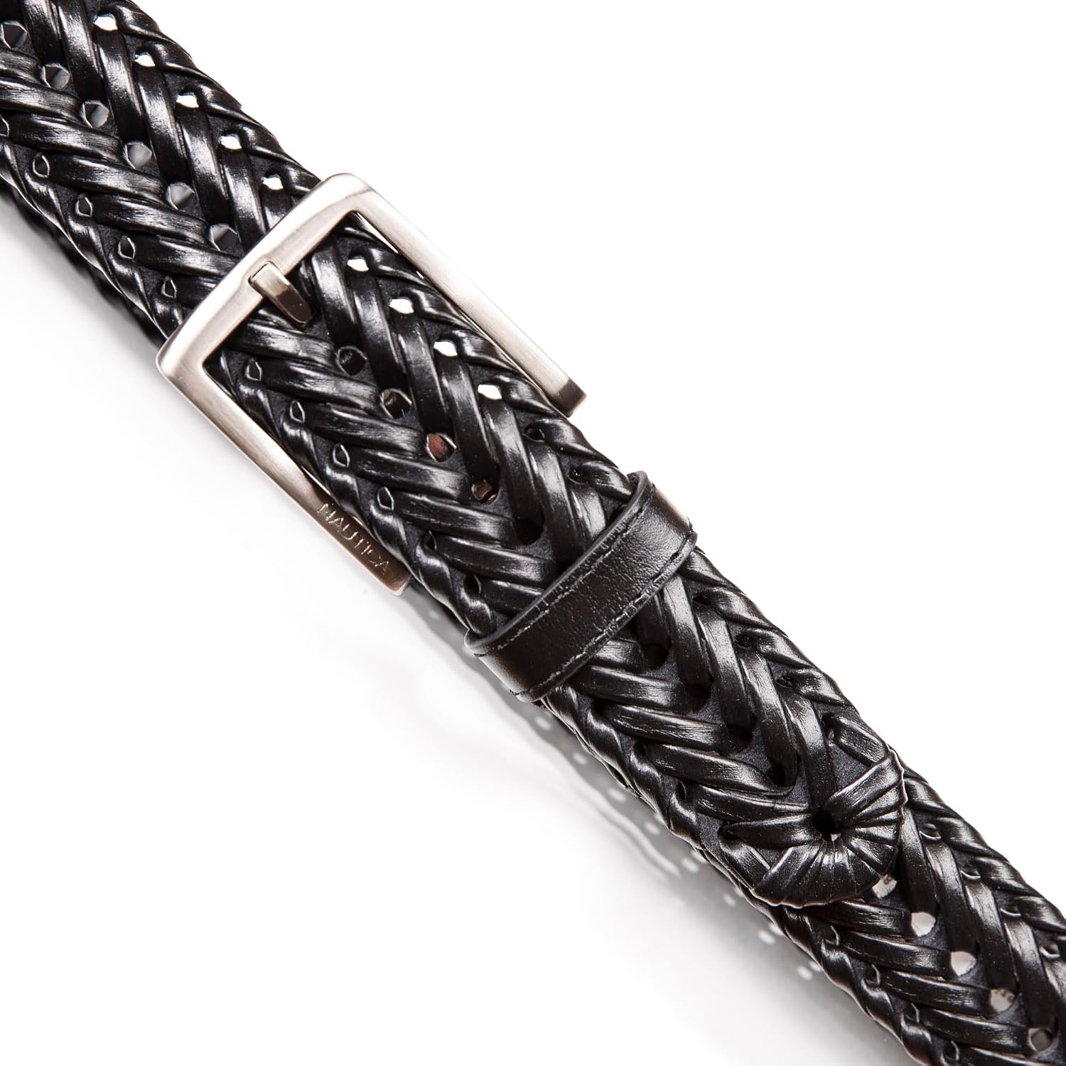 image:imageNautica Mens Casual Leather Belt Everyday Classic Pants Jeans Khakis Chinos Metal BuckleWoven Detail Black