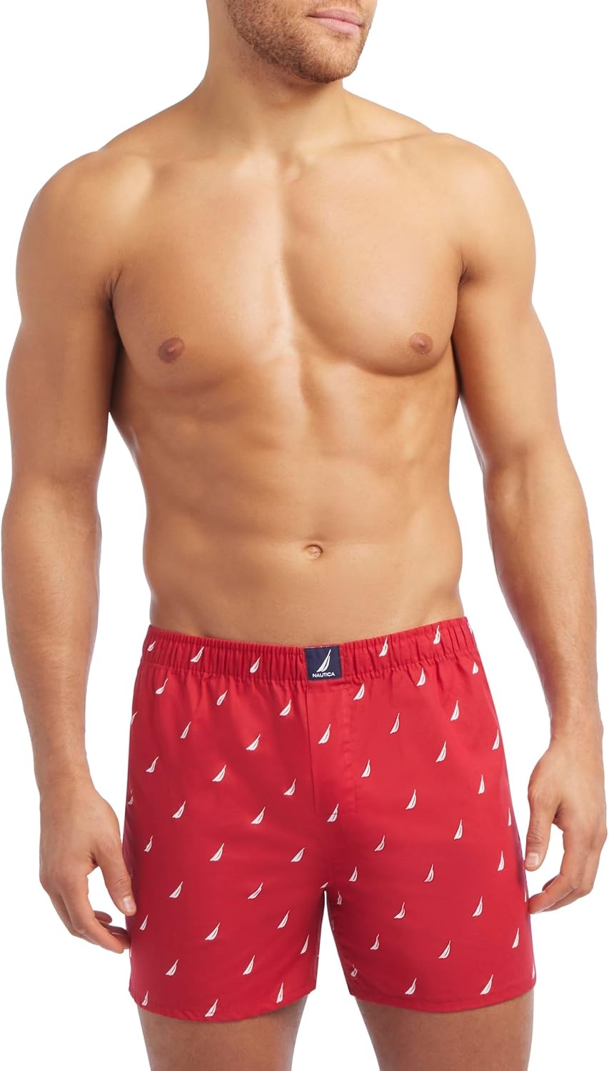 image:imageNautica Mens Classic Cotton 3Pack Woven BoxersBlackSail Black WhiteSail Nautica Red