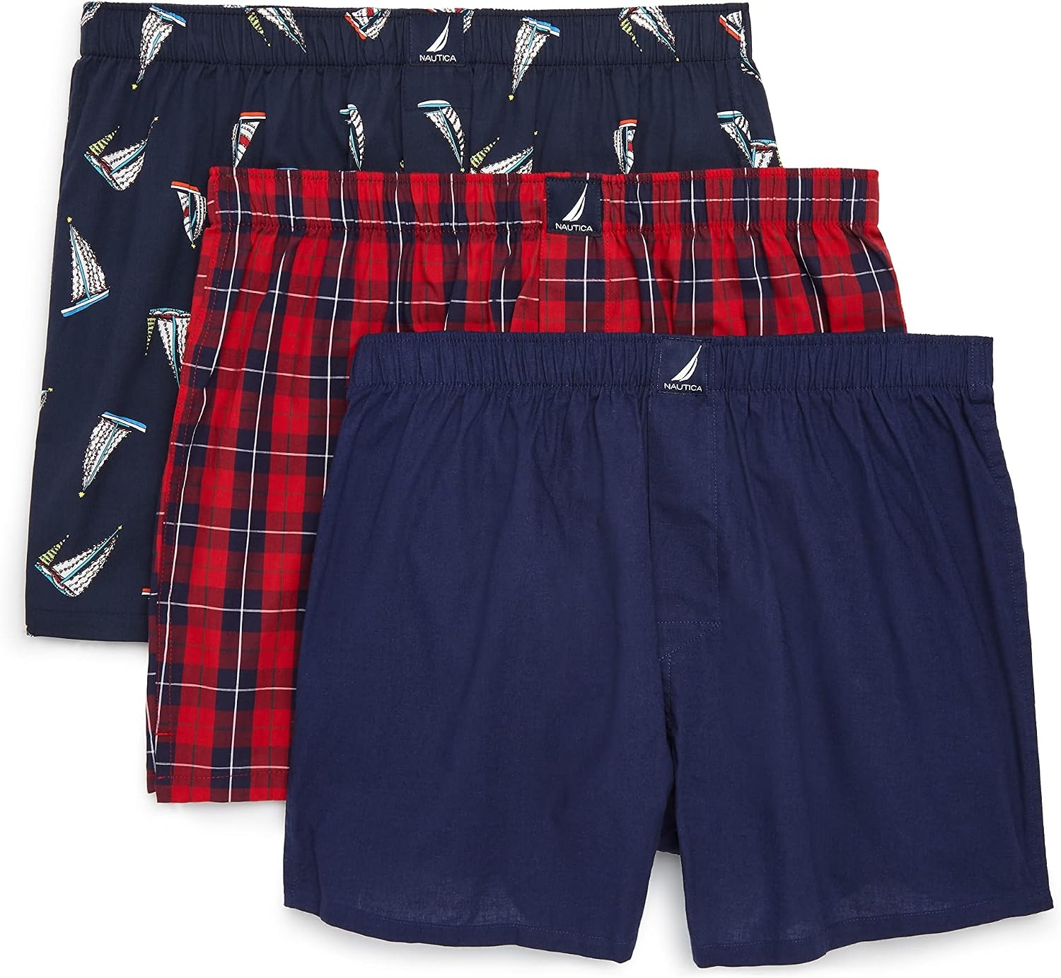 image:imageNautica Mens Classic Cotton 3Pack Woven BoxersPeacoatWinter Plaid RedHoliday Sailboats Peacoat
