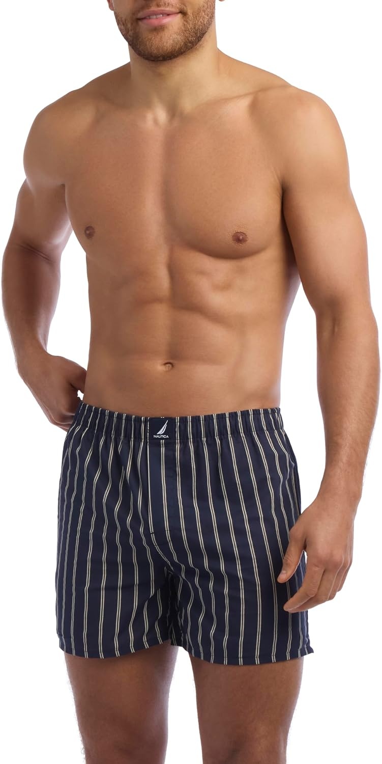 image:imageNautica Mens Classic Cotton 3Pack Woven BoxersStripes Blue and White 3 Pack