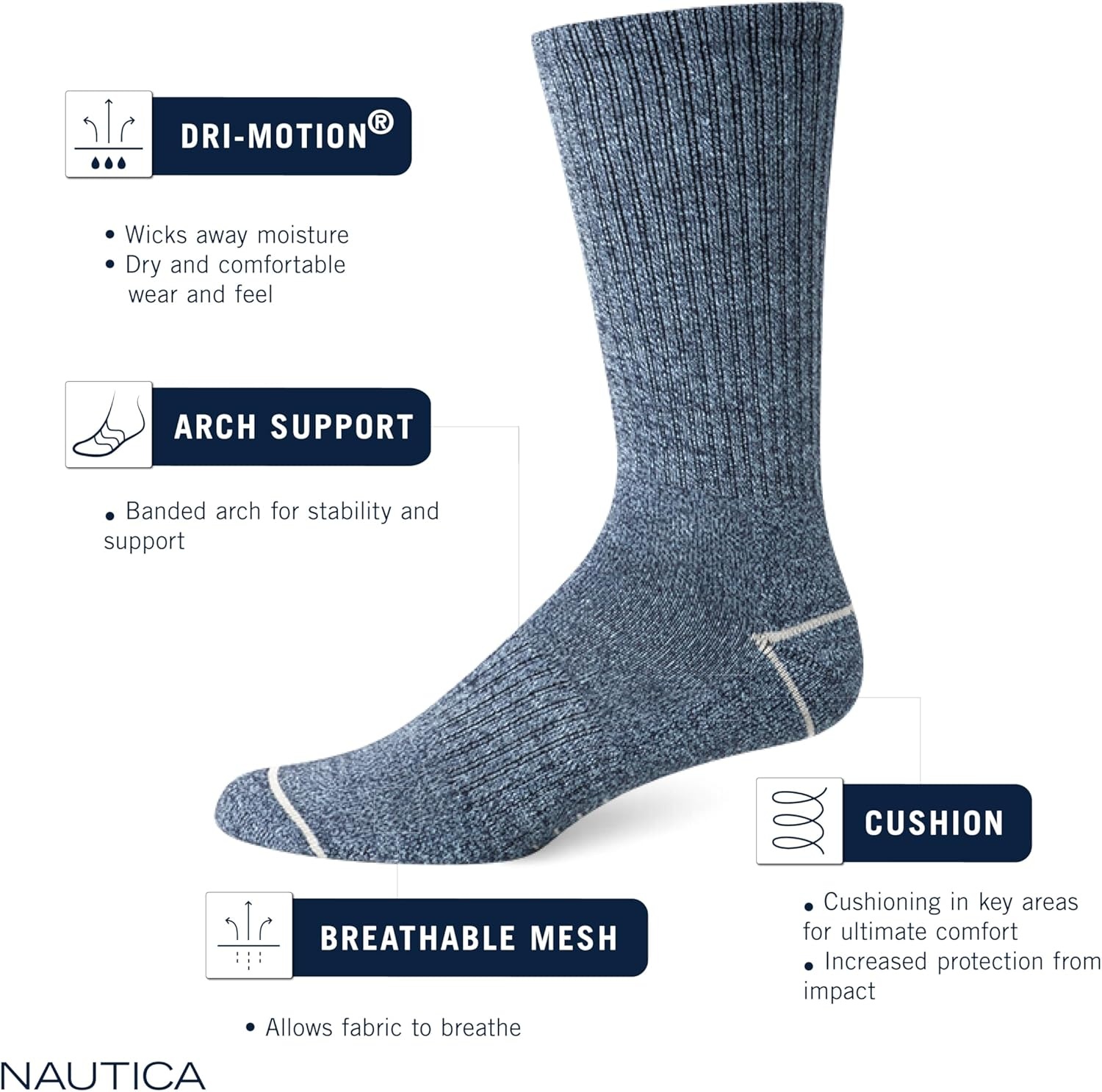 image:imageNautica Mens Crew Socks 10 Pack Breathable Moisture Wicking Cushioned Athletic Work and Dress Socks for Men Sizes 6125BlackGray