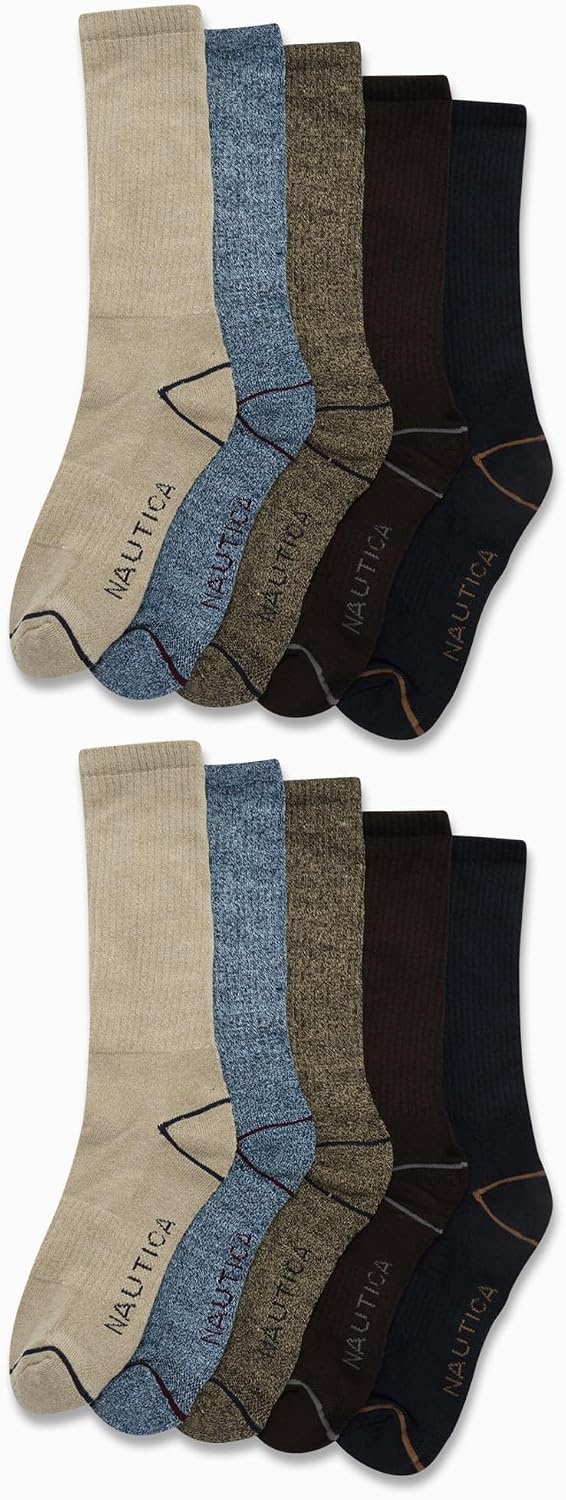 image:imageNautica Mens Crew Socks 10 Pack Breathable Moisture Wicking Cushioned Athletic Work and Dress Socks for Men Sizes 6125BrownKhaki