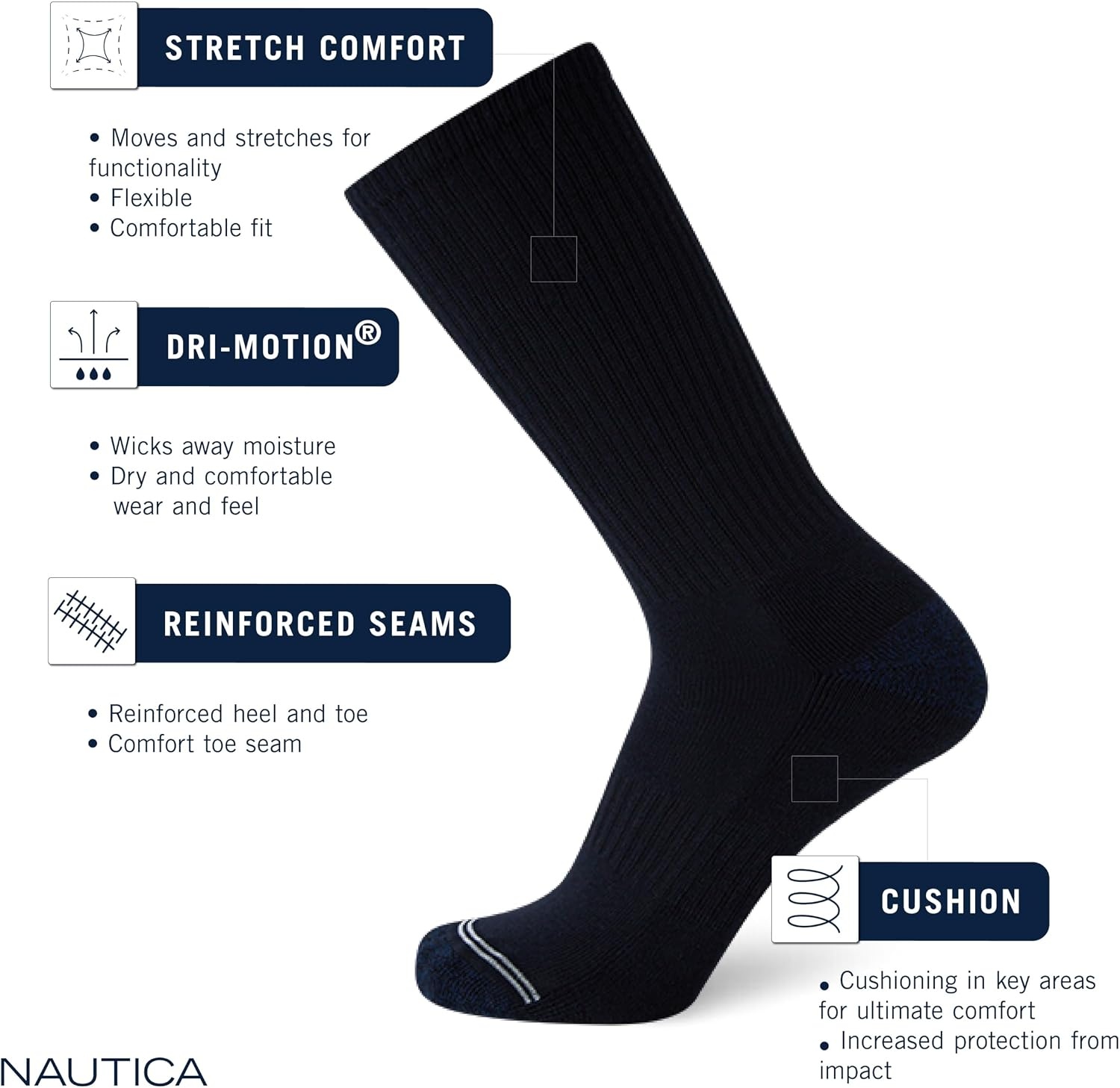 image:imageNautica Mens Crew Socks 5 Pack Breathable Moisture Wicking Cushioned Athletic Work and Dress Socks for Men Sizes 6125BlackGray