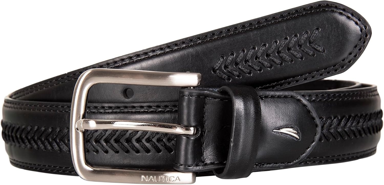 image:imageNautica Mens Dress Leather Belt for Suits and Pants Classic Business Fashion Adjustable Metal BuckleLeather Laced Black