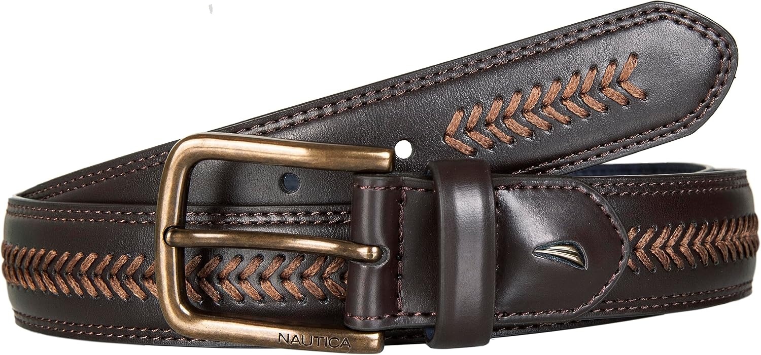 image:imageNautica Mens Dress Leather Belt for Suits and Pants Classic Business Fashion Adjustable Metal BuckleLeather Laced Brown