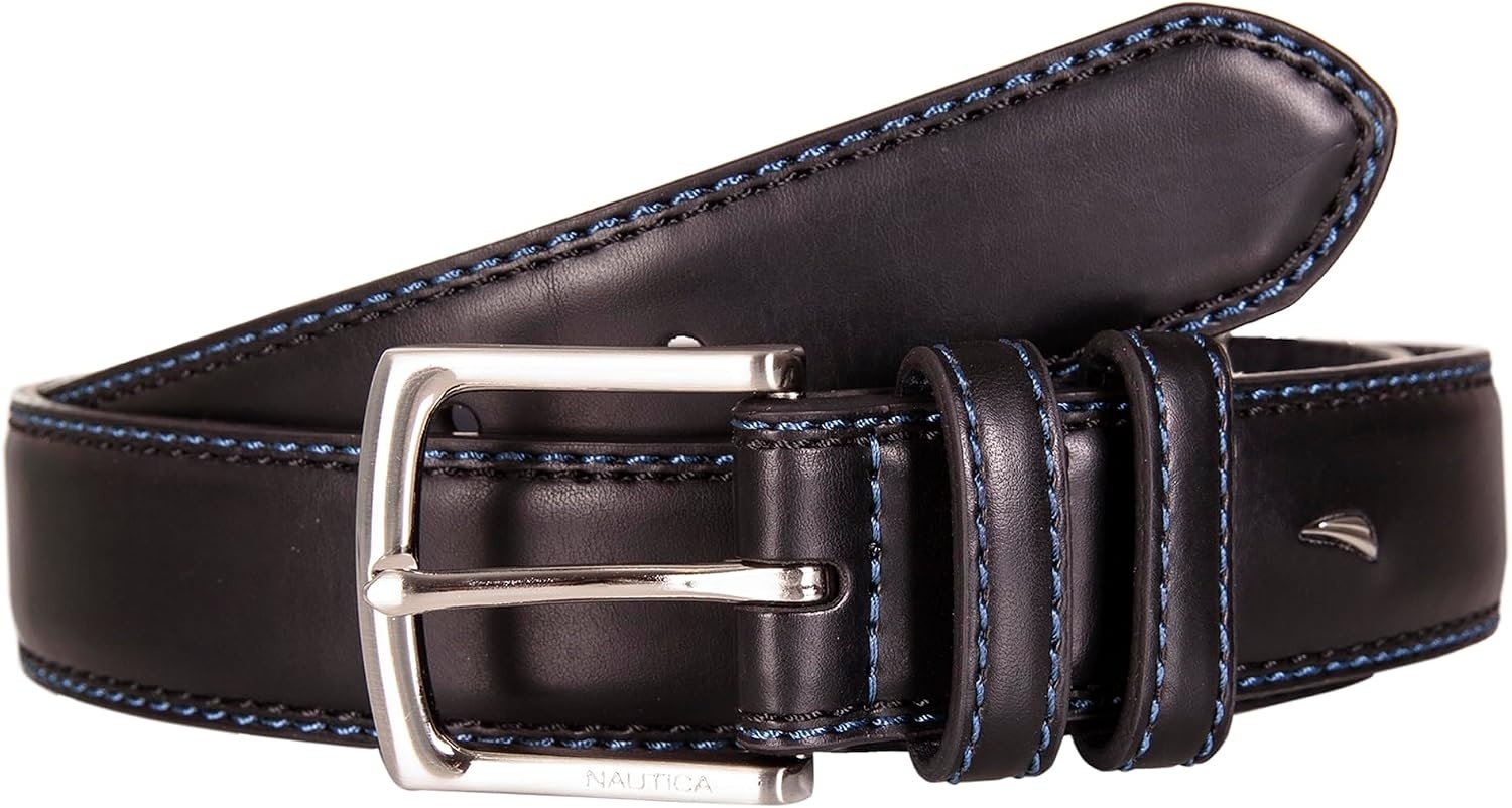 image:imageNautica Mens Dress Leather Belt for Suits and Pants Classic Business Fashion Adjustable Metal BuckleLogo Inlay Double Keeper Black