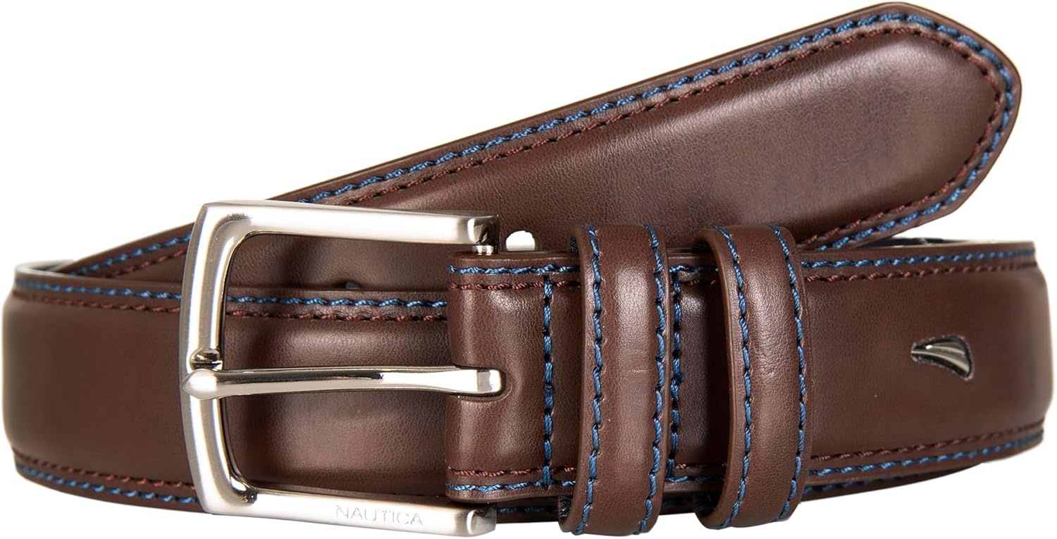 image:imageNautica Mens Dress Leather Belt for Suits and Pants Classic Business Fashion Adjustable Metal BuckleLogo Inlay Double Keeper Brown