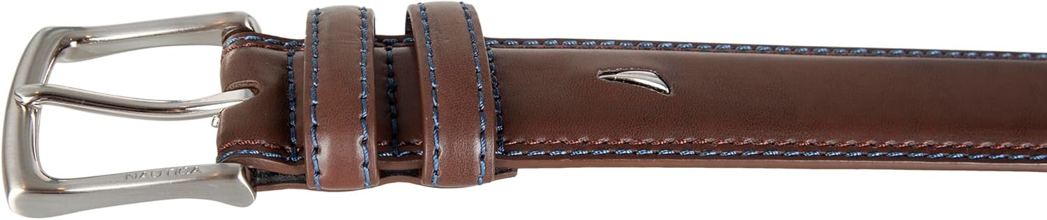 image:imageNautica Mens Dress Leather Belt for Suits and Pants Classic Business Fashion Adjustable Metal BuckleLogo Inlay Double Keeper Brown