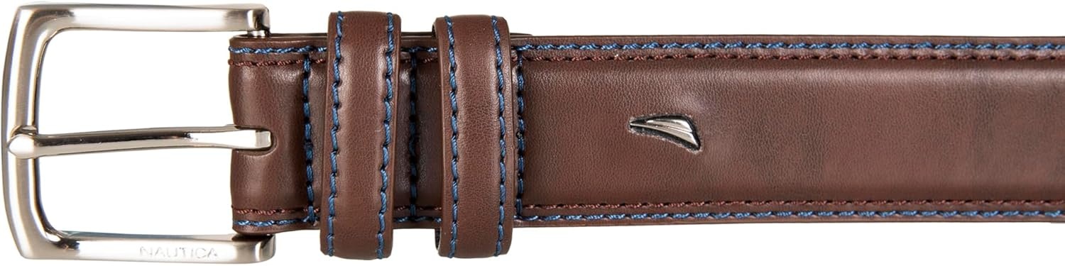 image:imageNautica Mens Dress Leather Belt for Suits and Pants Classic Business Fashion Adjustable Metal BuckleLogo Inlay Double Keeper Brown