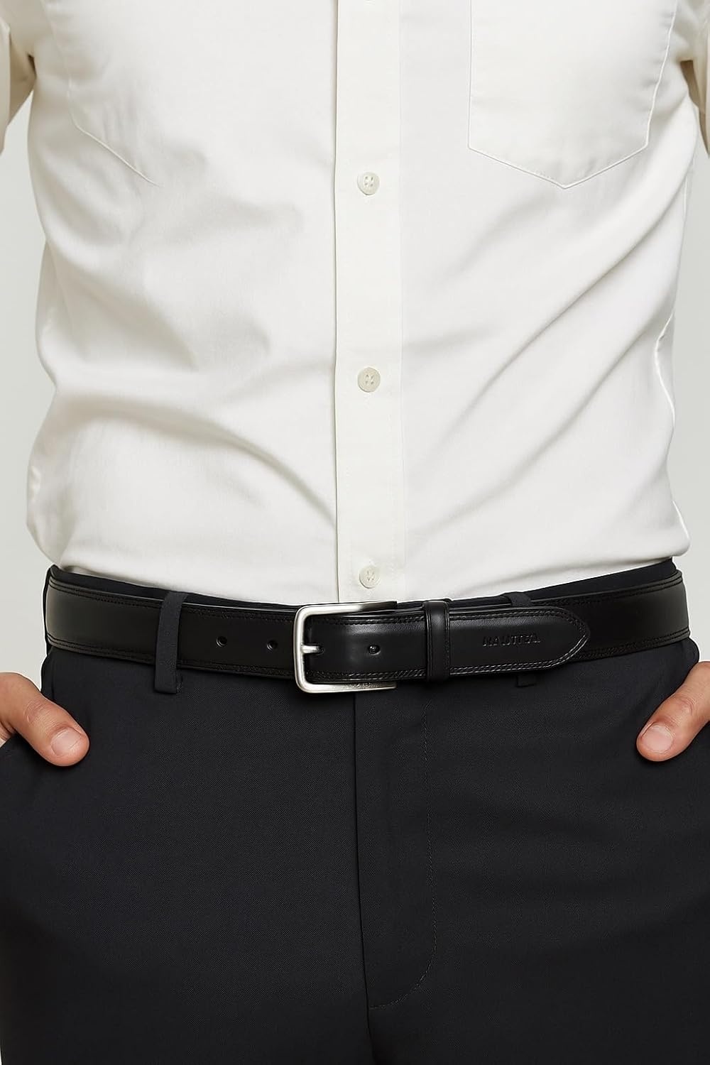 image:imageNautica Mens Dress Leather Belt for Suits and Pants Classic Business Fashion Adjustable Metal BuckleLogo Inlay Double Stitch Black