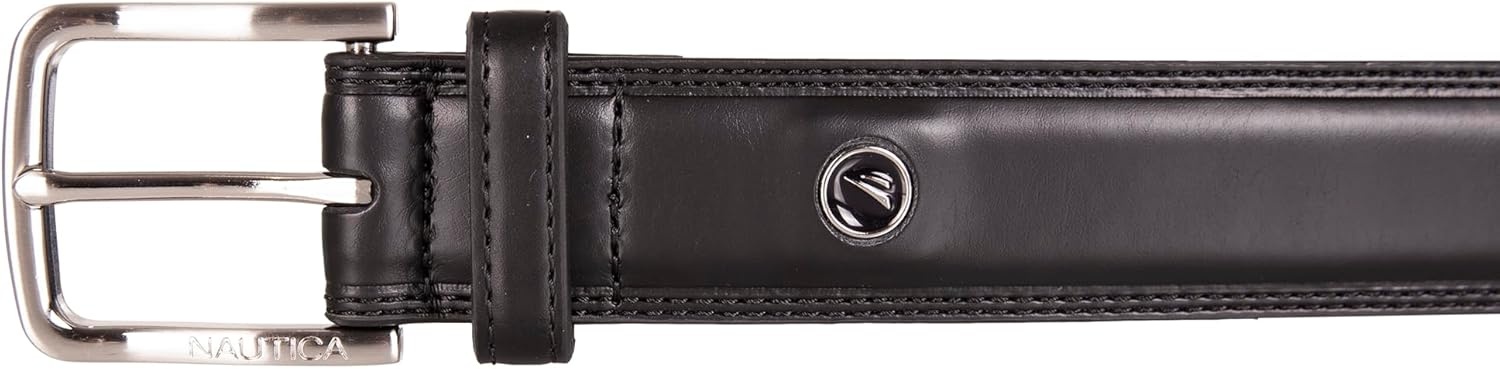 image:imageNautica Mens Dress Leather Belt for Suits and Pants Classic Business Fashion Adjustable Metal BuckleLogo Inlay Double Stitch Black