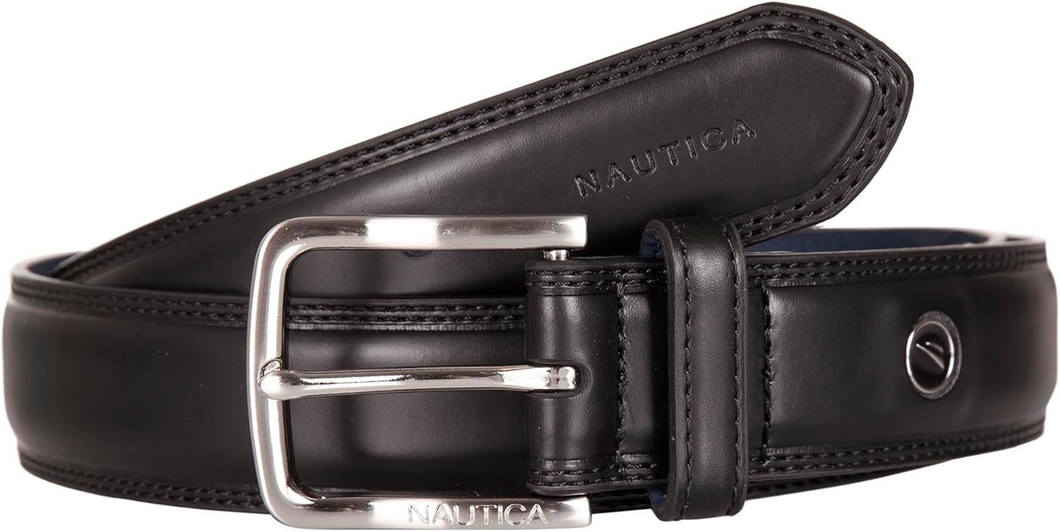 image:imageNautica Mens Dress Leather Belt for Suits and Pants Classic Business Fashion Adjustable Metal BuckleLogo Inlay Double Stitch Black