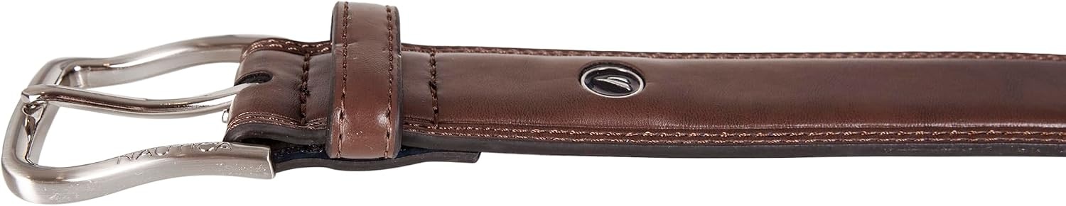 image:imageNautica Mens Dress Leather Belt for Suits and Pants Classic Business Fashion Adjustable Metal BuckleLogo Inlay Double Stitch Brown